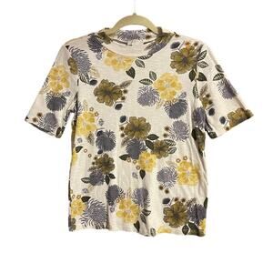 Loft Outlet Large Petite Top Off White Floral Mock Turtleneck with Short Sleeves